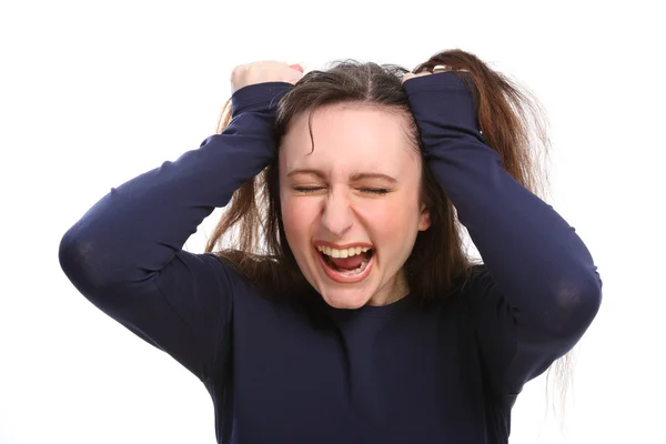 Young woman angry frustrated having bad hair day — Stock Photo, Image