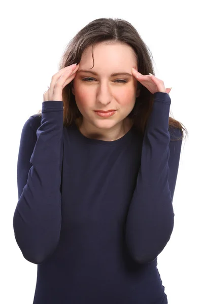 若い女性は痛みを伴う頭痛の寺院を手します。 — ストック写真