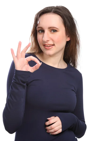 Success and okay hand sign by happy young girl — Stock Photo, Image