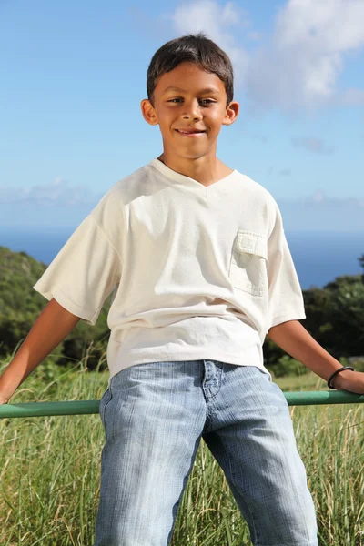 Усміхнений хлопчик сидить на паркані — стокове фото