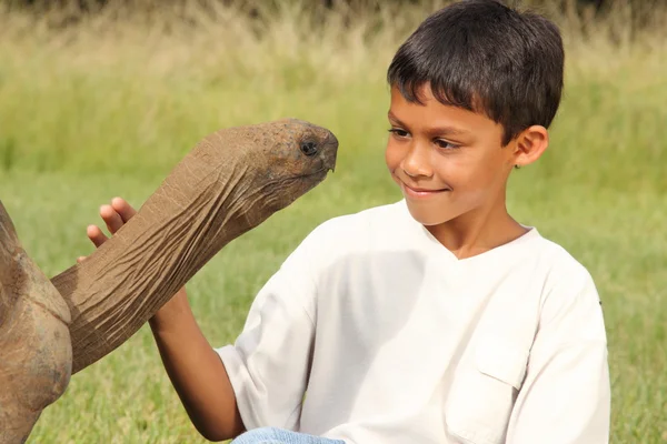 Boy looks in eyes of giant tortoise — Stock Photo, Image