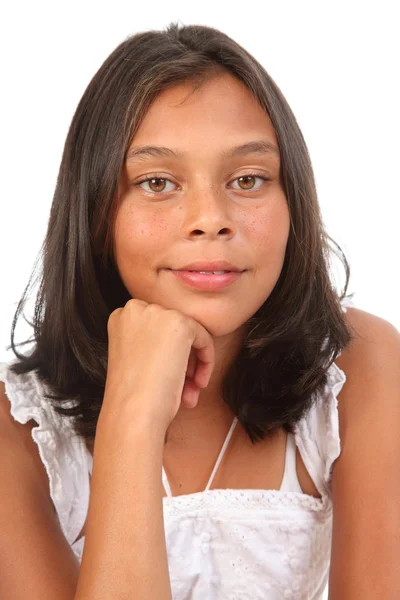 Ładna nastolatka w pozie swobodnej podbródek na strony — Zdjęcie stockowe