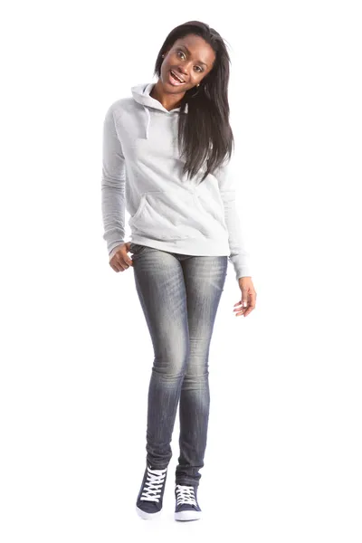 Menina estudante bonita preta em jeans e suéter — Fotografia de Stock