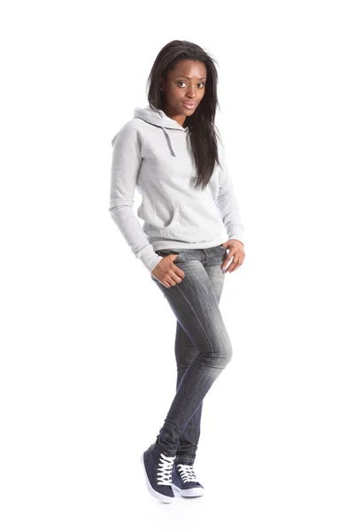 African american teenage girl in jeans and hoodie — Stock Photo, Image
