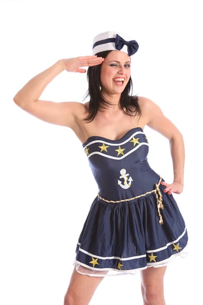 Сексуальний моряк весело сміється дівчина в вишуканій сукні — стокове фото