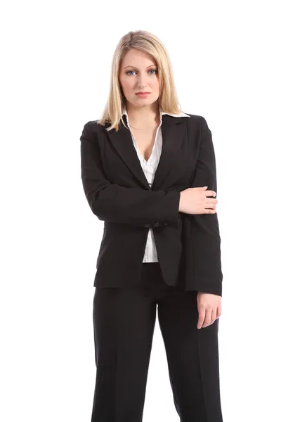 Mujer de negocios rubia seria en traje negro —  Fotos de Stock