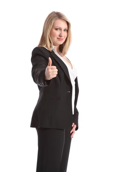 Thumbs up positive sign by business woman in suit — Stock Photo, Image