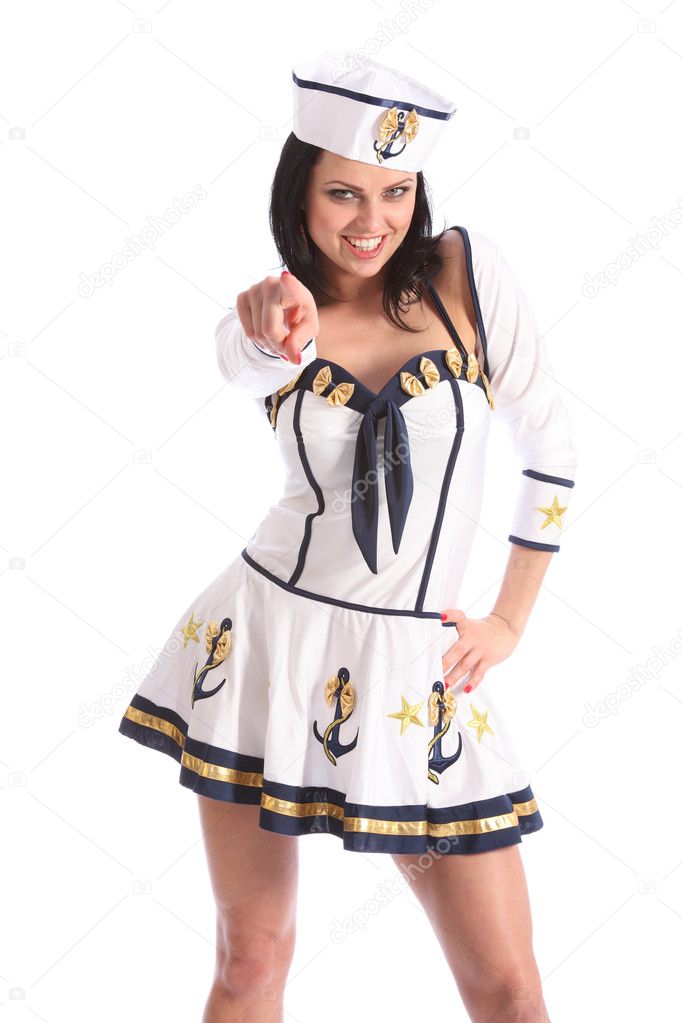 Fun armed forces sexy sailor girl points at camera