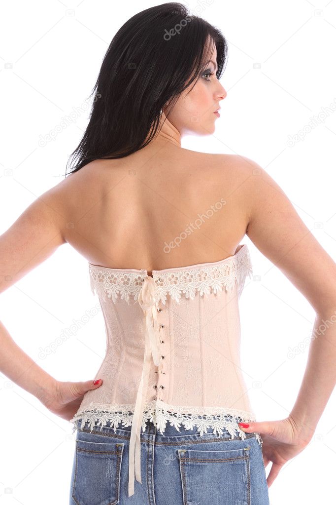 Lacing in back of fashion corset on young model