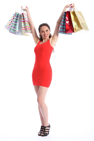 Mulher bonita celebra compras bem sucedidas — Fotografia de Stock