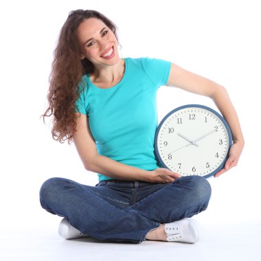 Beautiful happy woman fun time on her side clock clipart