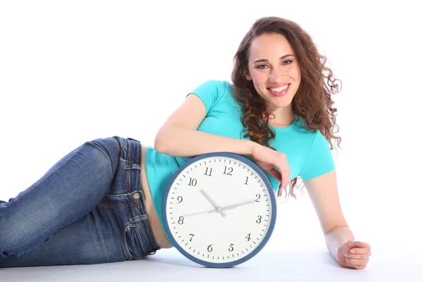 Chill out time for sexy happy girl with clock — Stock Photo, Image