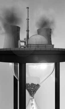 Close-up view of nuclear power station on huge hourglass clipart