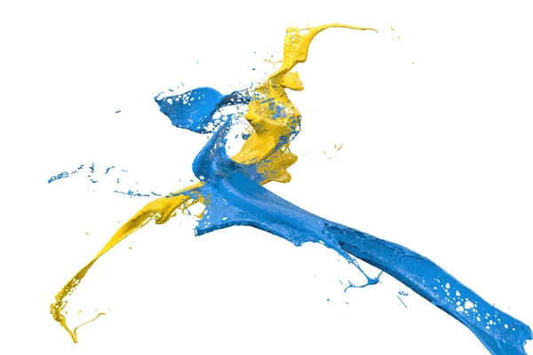 Rozpryskiwania farby w kolorze żółtym i niebieskim — Zdjęcie stockowe
