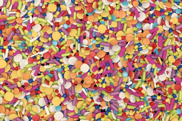 Pilha de drogas multicoloridas e medicinais — Fotografia de Stock