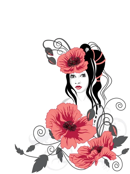 少女と赤い花 — ストックベクタ