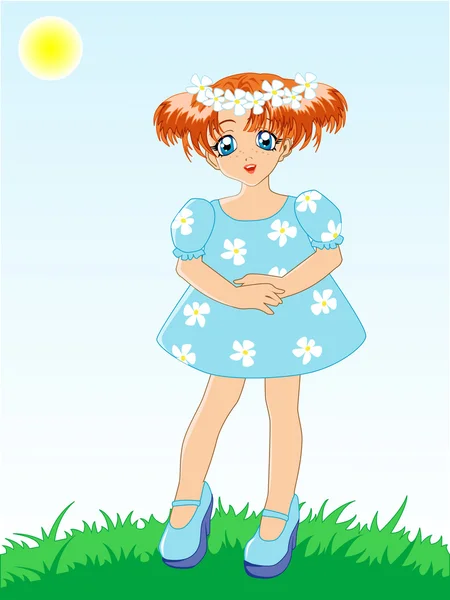 Petite fille en robe bleue — Image vectorielle