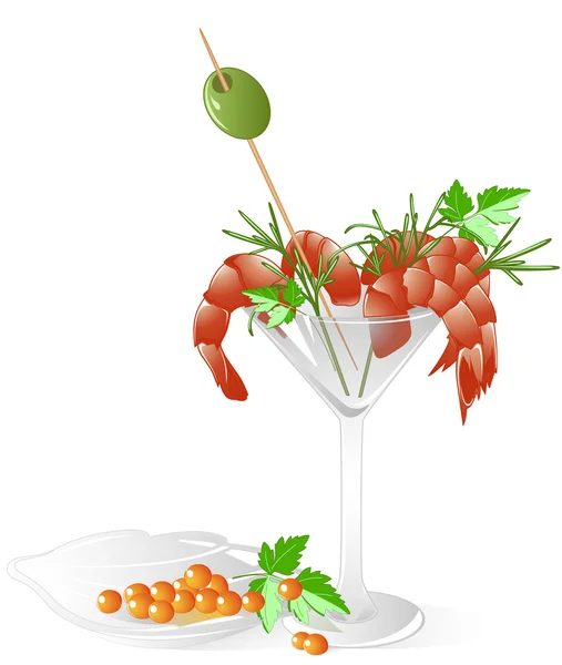 虾和水晶餐具中的红鱼子酱 — 图库矢量图片