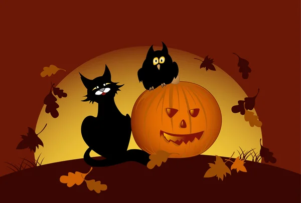 Хэллоуинская тыква и чёрная кошка — стоковый вектор