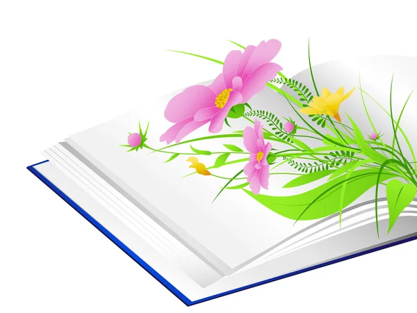 Abra o livro com flores e grama verde — Vetor de Stock