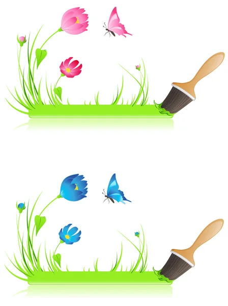 Grünes Banner mit Pinsel, Gras, Schmetterling und Blumen — Stockvektor