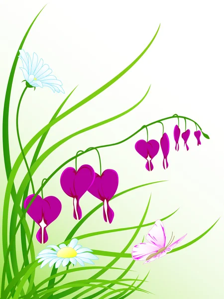Πράσινο γρασίδι, λουλούδια και πεταλούδα — Διανυσματικό Αρχείο