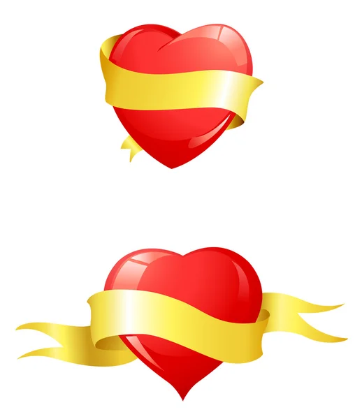 Sarı kurdele ile parlak kırmızı Kalpler — Stok Vektör