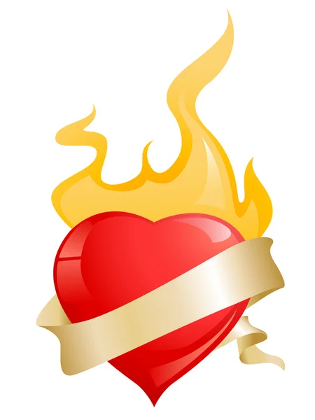 Γυαλιστερό κόκκινες καρδιές με κορδέλα και φωτιά — Διανυσματικό Αρχείο