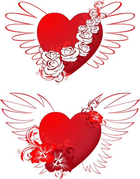 Çiçek süsleme ve kanatları ile kırmızı Kalpler — Stok Vektör