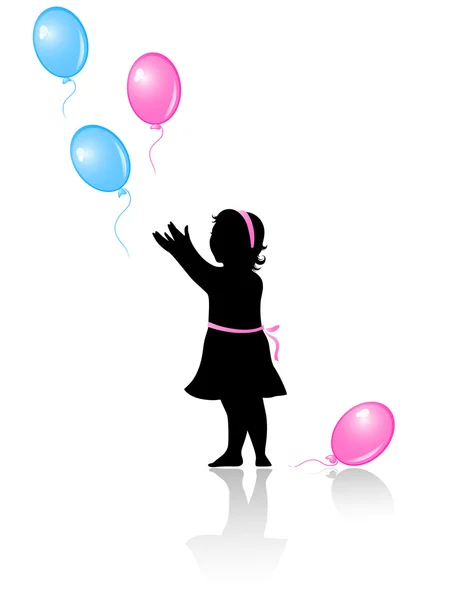 Kleines Mädchen mit fliegenden bunten Luftballons — Stockvektor