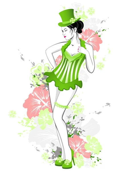 穿着绿色衣服的漂亮姑娘 — 图库矢量图片