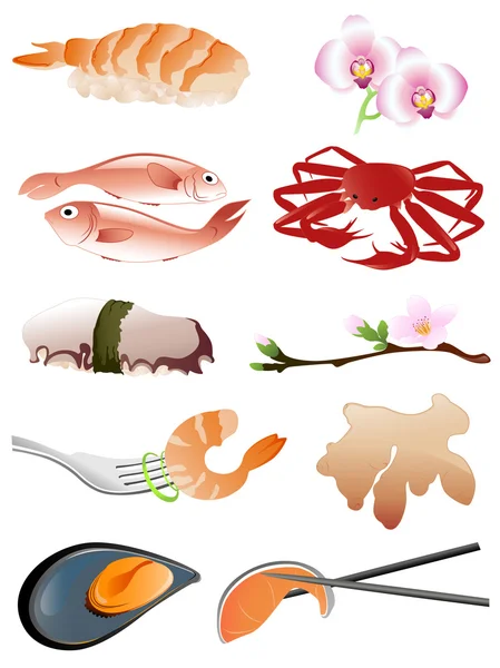 Seafood and other traditional japanese food icons — Stock Vector