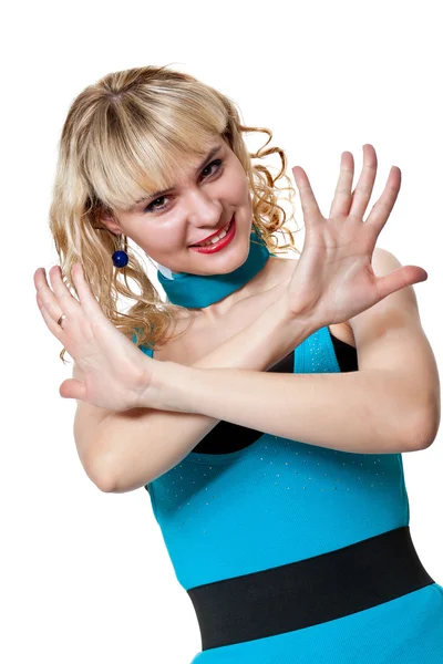 Blond visar korsade armarna — Stockfoto