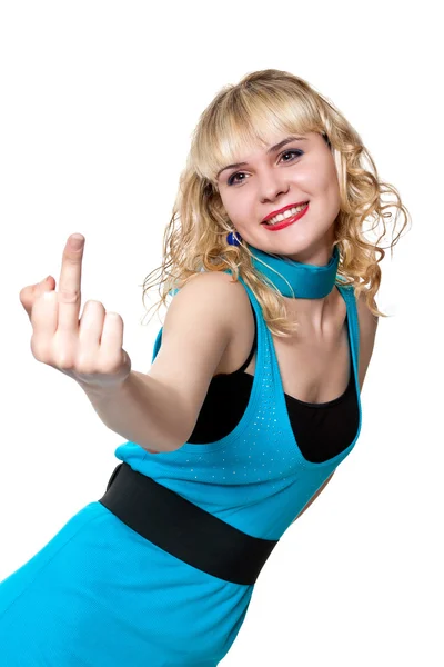 Blond shows middle finger up — Stock Photo, Image