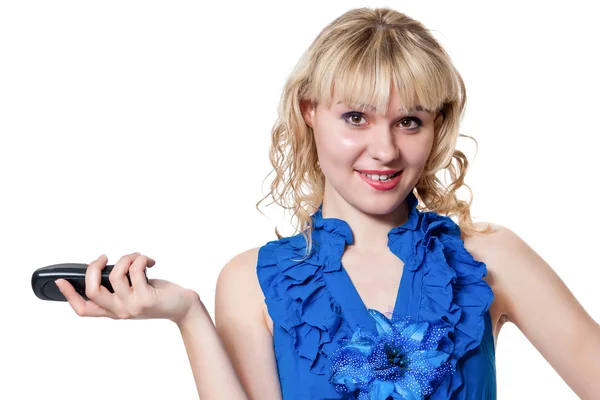 Meisje in blauwe jurk met een telefoon — Stockfoto