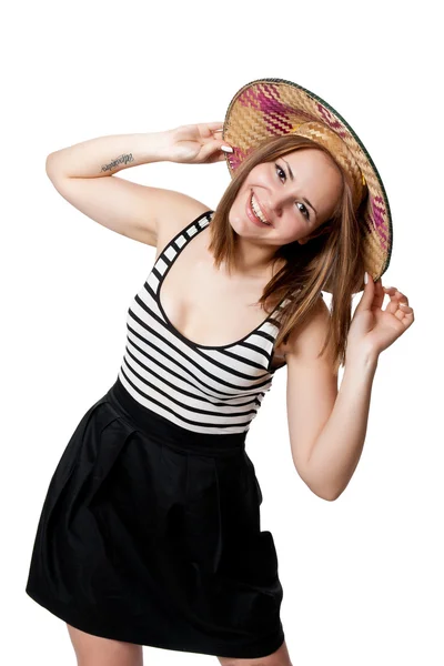 원뿔 아시아 모자에서 아름 다운 소녀 — 스톡 사진