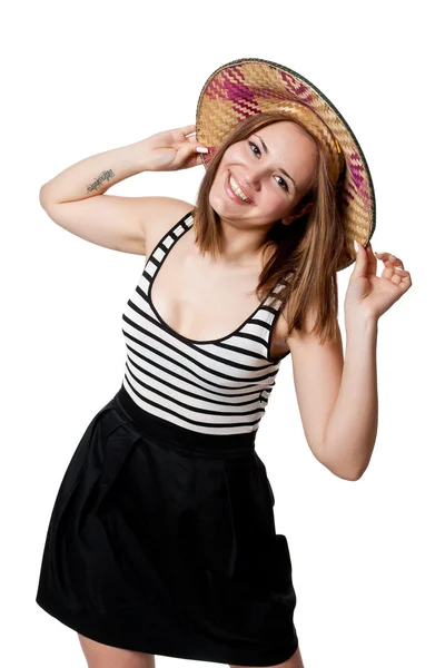 원뿔 아시아 모자에서 아름 다운 소녀 — 스톡 사진