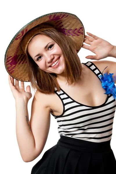 Menina bonita em chapéu asiático cônico — Fotografia de Stock