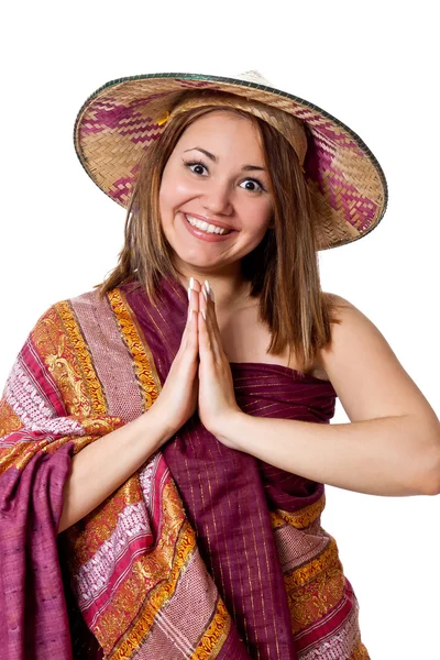 Mooi meisje in conische Aziatische hoed — Stockfoto