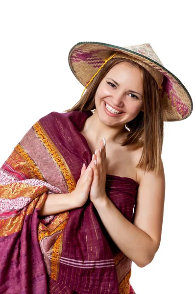 Mooi meisje in conische Aziatische hoed Stockfoto
