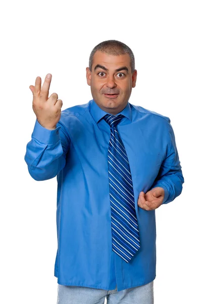 Портрет жестикулирующих мужчин в голубой рубашке — стоковое фото