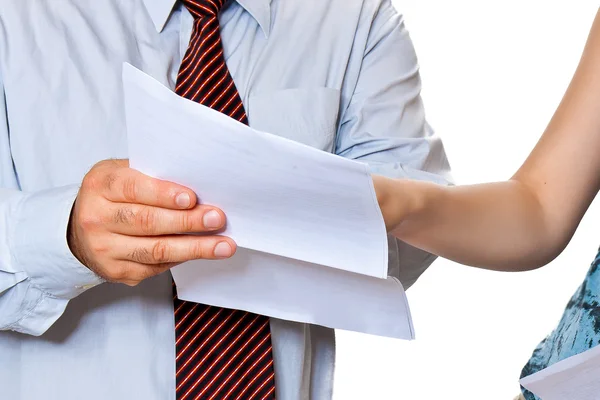 stock image Man and woman working with documents in close-up