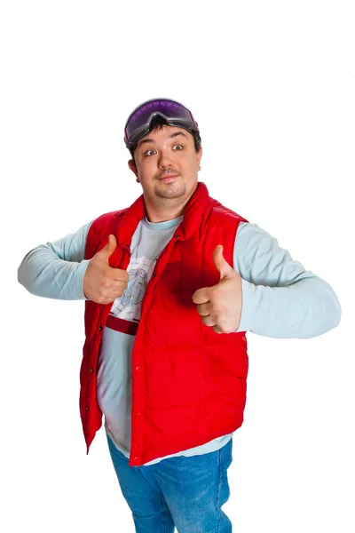 Człowiek w czerwona kurtka i narciarskie gogle — Zdjęcie stockowe