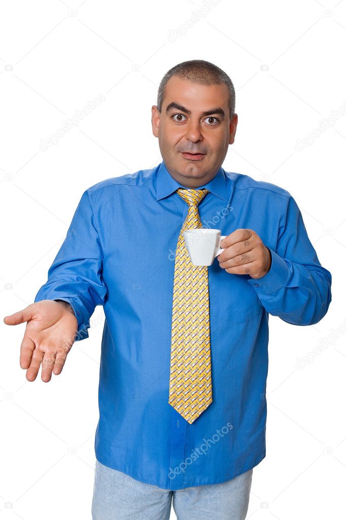 Man in blue shirt drinking coffee