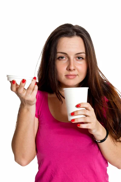 Girl with a disposable cup — Stock Photo, Image