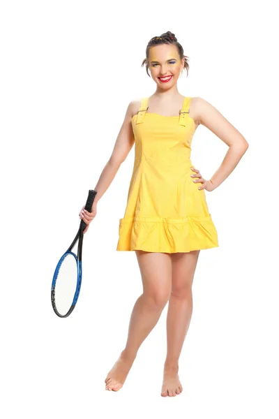 Tenis raketi ile sarı kız — Stok fotoğraf