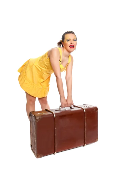 アンティークのスーツケースを持つ少女 ストック画像
