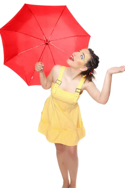 The girl in yellow with a red umbrella — Stock Photo, Image