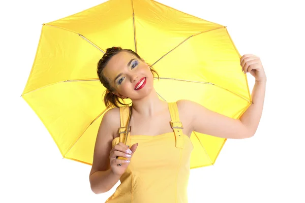 Flicka i gul och gul paraply — Stockfoto