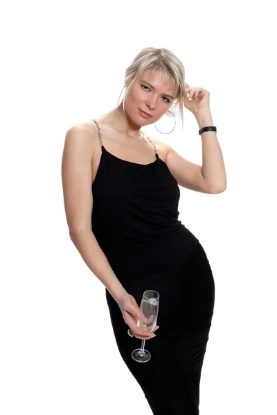 Ung kvinna dricker vin - vit bakgrund — Stockfoto